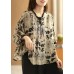 Art Beige Print Asymmetric Top Cotton Linen V Neck