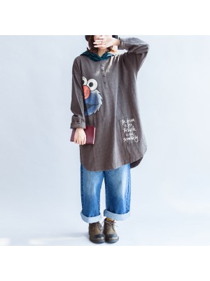 stylish big bird prints gray casual knit cotton tops plus size grid hooded t shirt