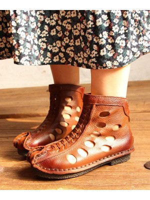 Casual Hollow Out Boots Brown Cowhide Leather